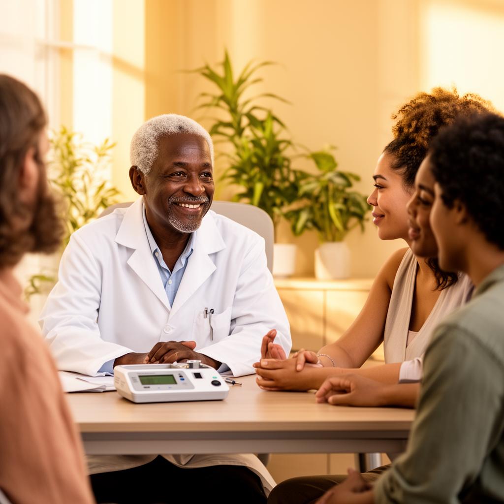Dr. George having a friendly conversation with a patient in a warm, plant-filled office